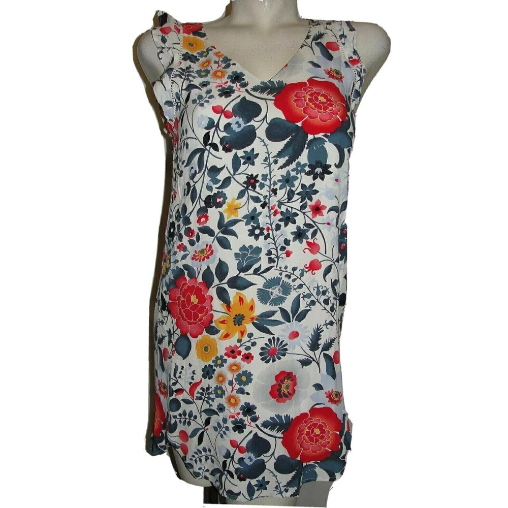 New ANN TAYLOR Petites Womens Size XSP Red Blue Floral V-neck Sheath Lined Dress